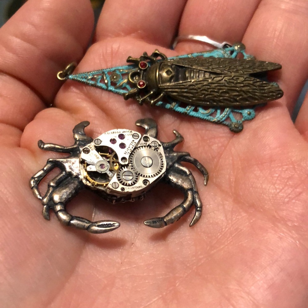 necklace bundle, steampunk crab and brass cicada